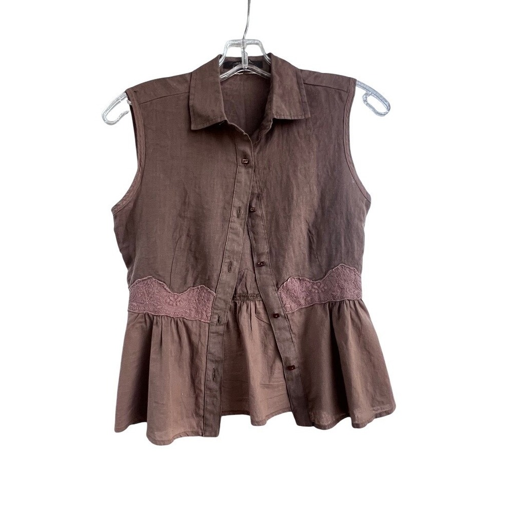 Weekend Max Mara Brown Linen Peplum‎ Sleeveless Button Down Lace Waist Top